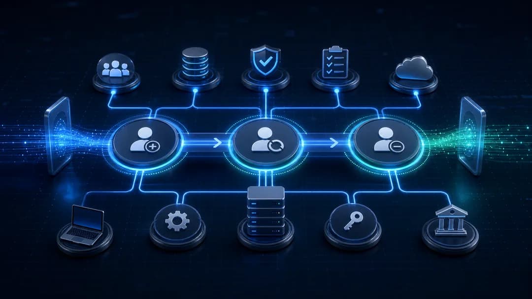 Automated joiner mover leaver identity lifecycle workflow across HR, IT, security, and cloud systems