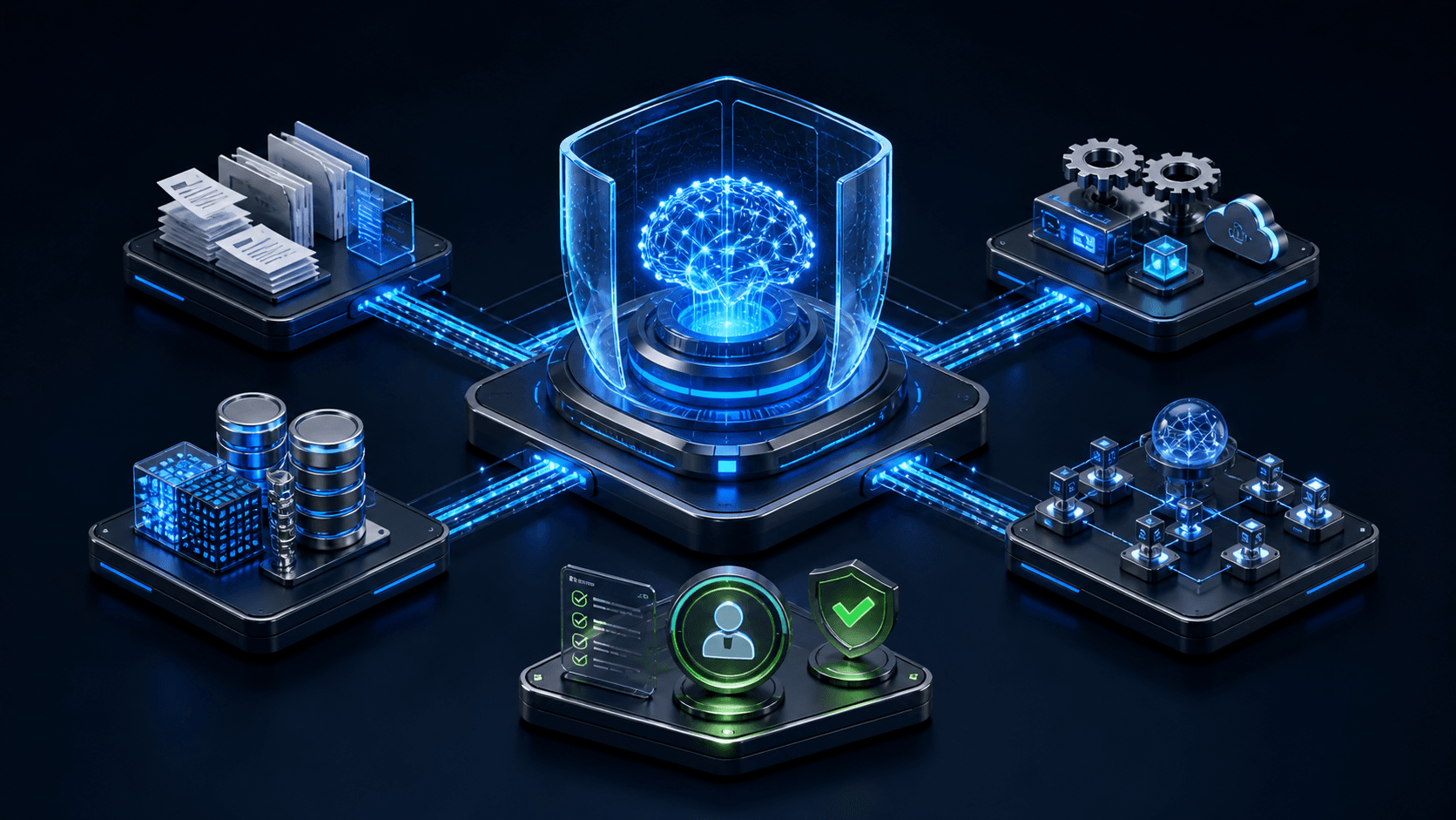 Secure enterprise AI architecture connecting governed knowledge, data, tools, agents, and identity approval controls